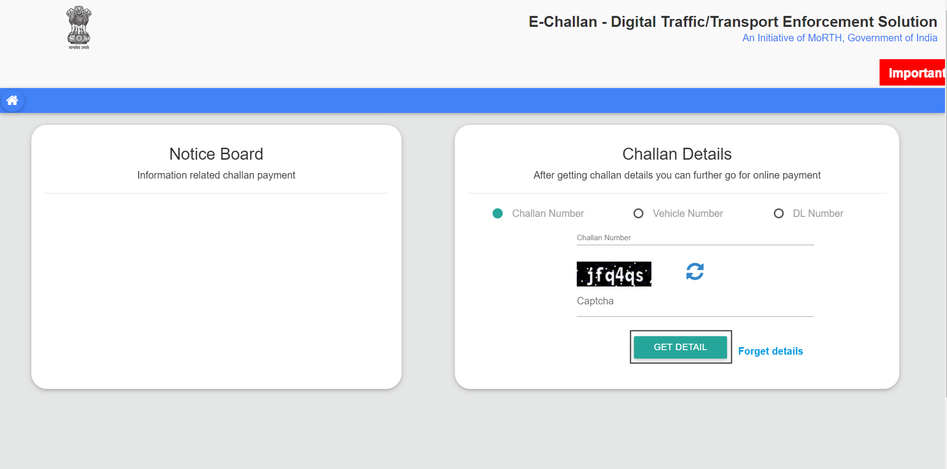 Screenshot of the Government of India e-Challan portal for checking and viewing vehicle traffic challan details.