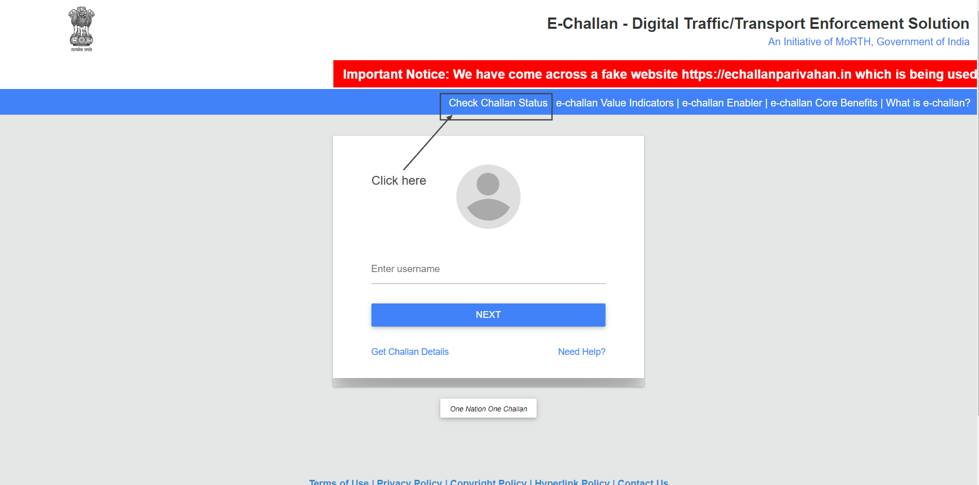 Screenshot of the Government of India e-Challan portal for digital traffic and transport enforcement services.