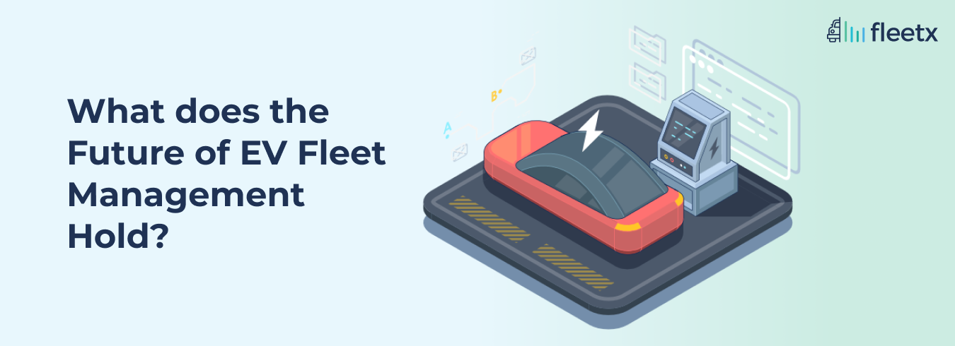 EV fleet management illustration showing an electric vehicle charging with smart fleet monitoring technology