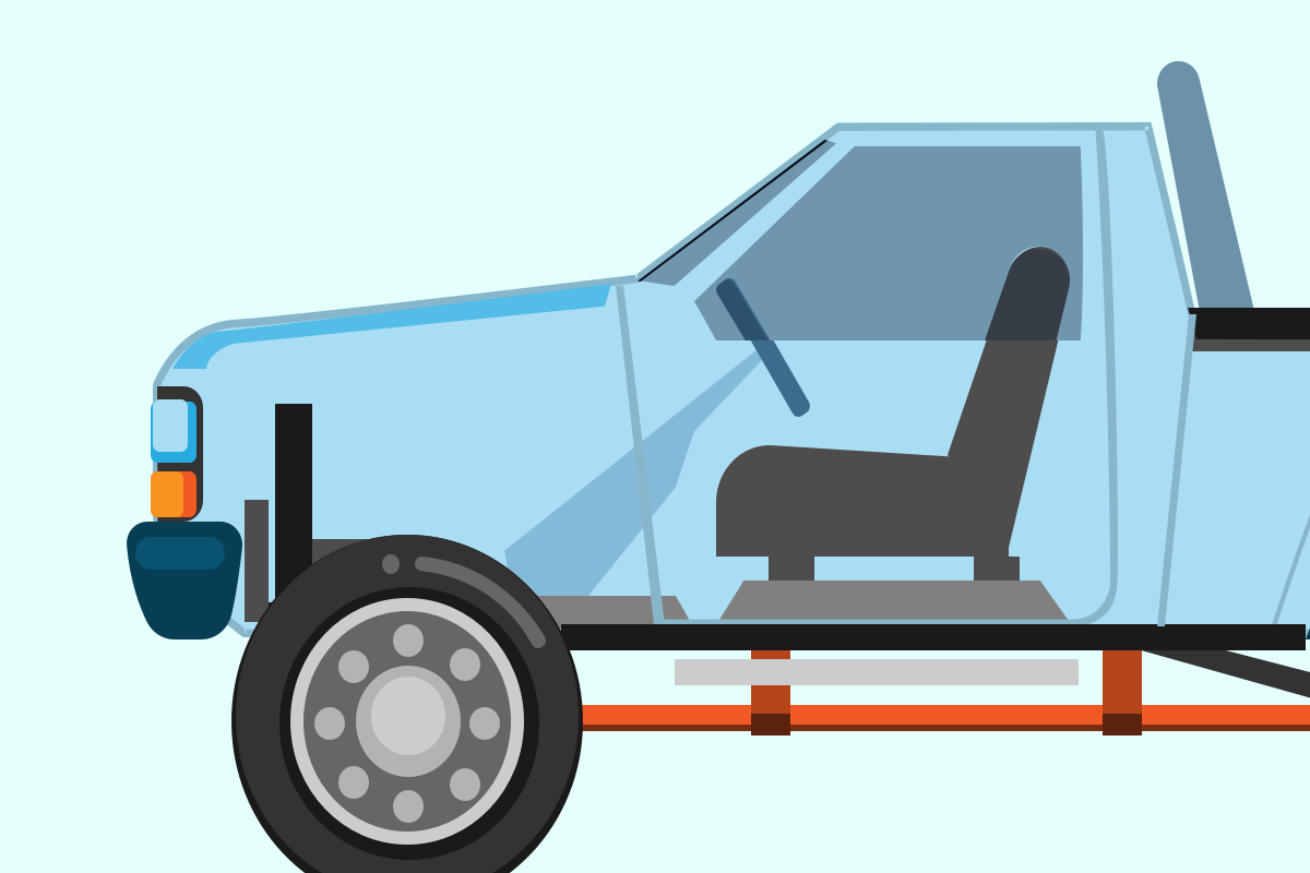 Internal truck cab structure showing driver seating position