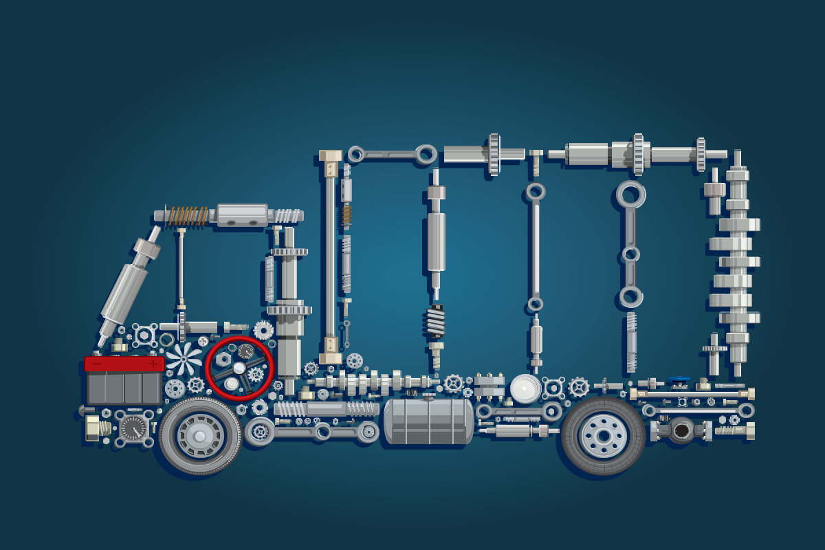 Heavy truck engine compartment showing horsepower and torque setup