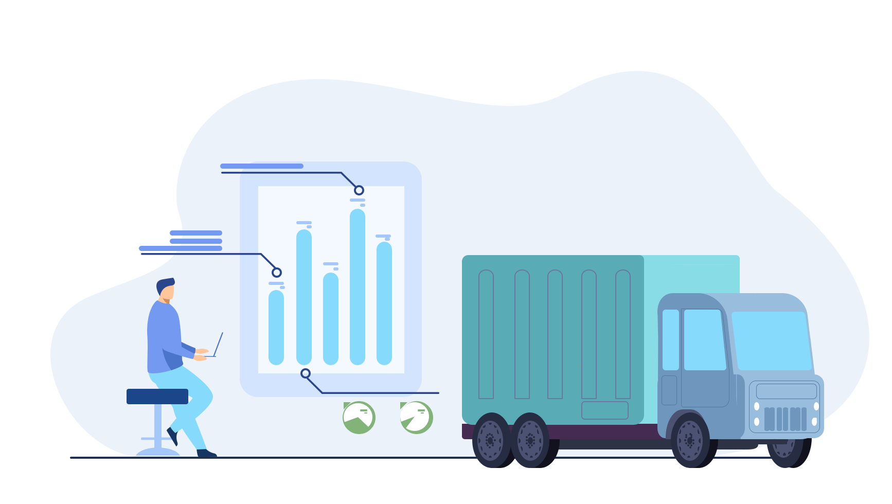 Illustration of fleet performance analytics with dashboard charts and commercial truck monitoring.