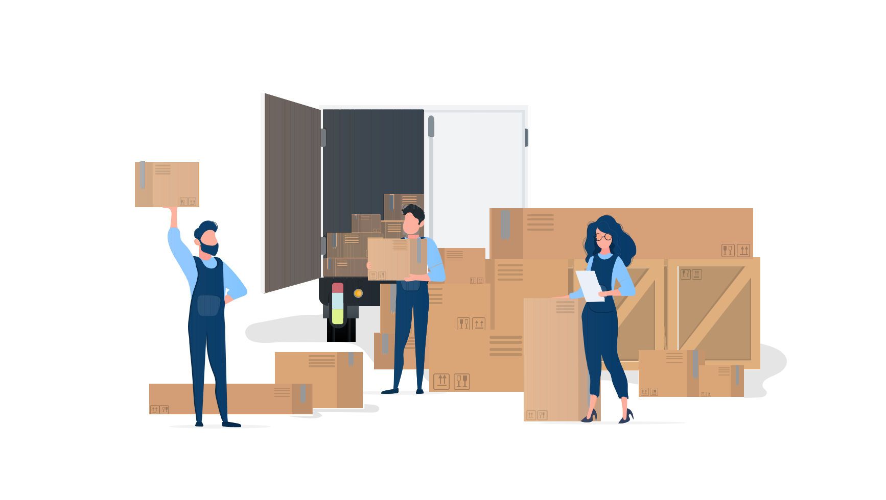 Warehouse staff loading and inspecting packages for shipment and inventory management.