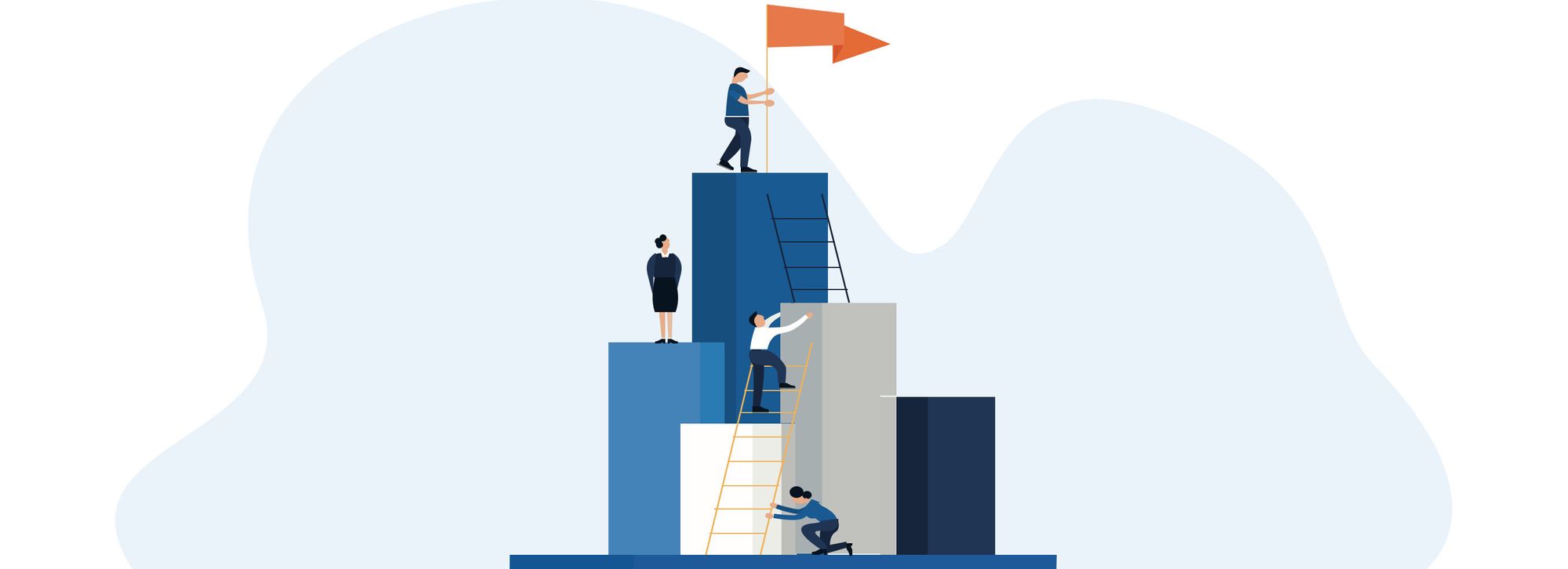 Illustration of a team collaborating to achieve business goals, representing leadership, growth, and continuous improvement.