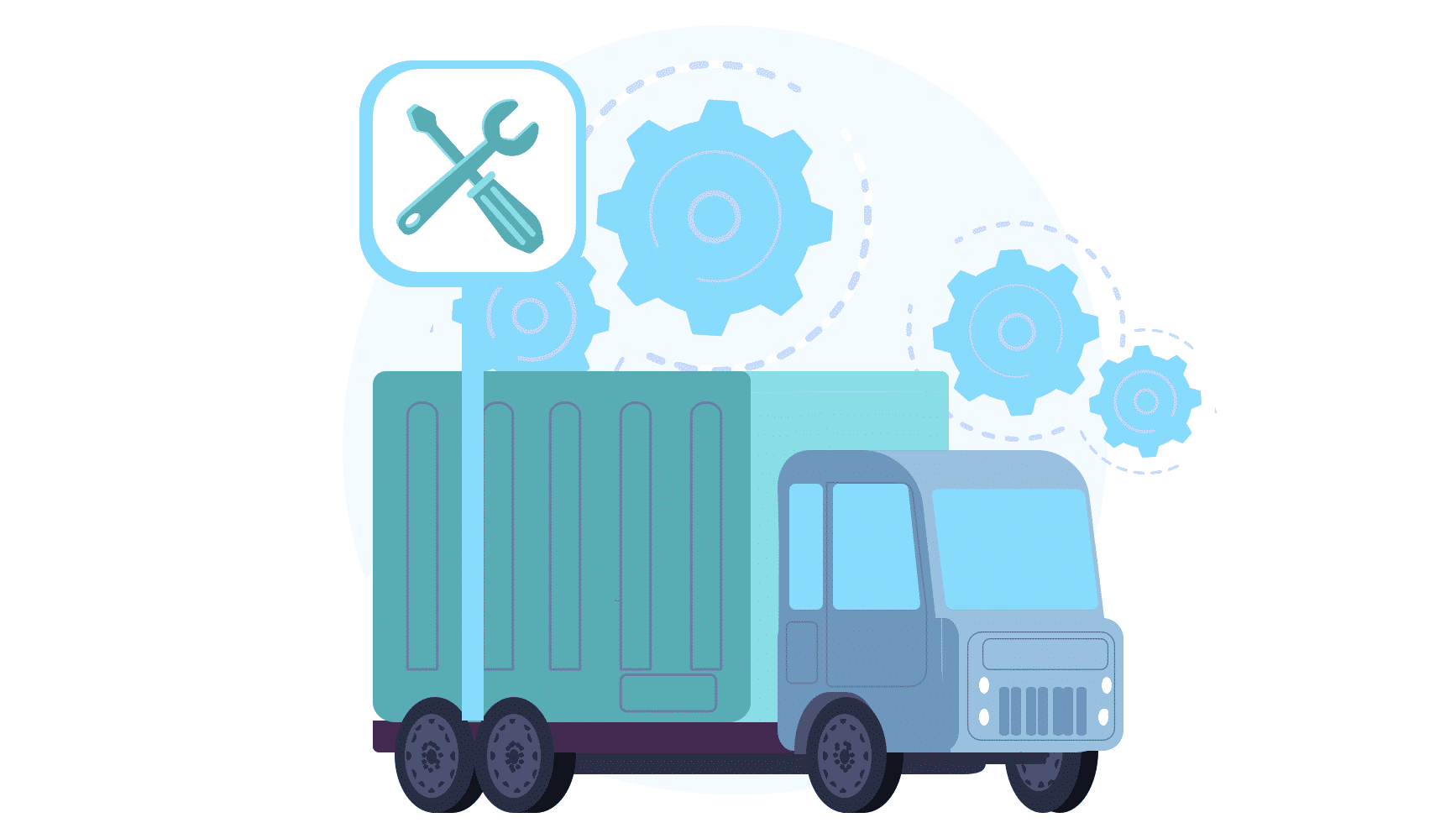 Illustration of a fleet truck with maintenance tools and gears representing vehicle maintenance management.