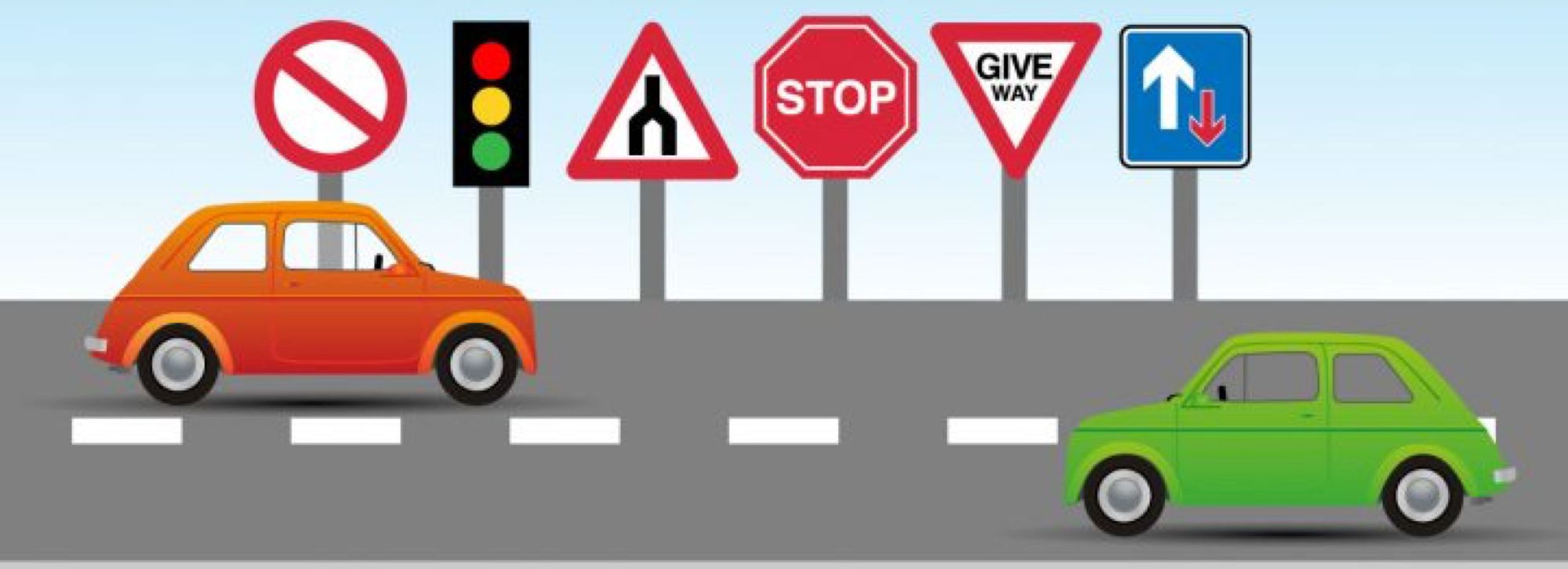 Driver road safety training illustration showing traffic signs, lane rules, and safe driving practices for commercial fleets.