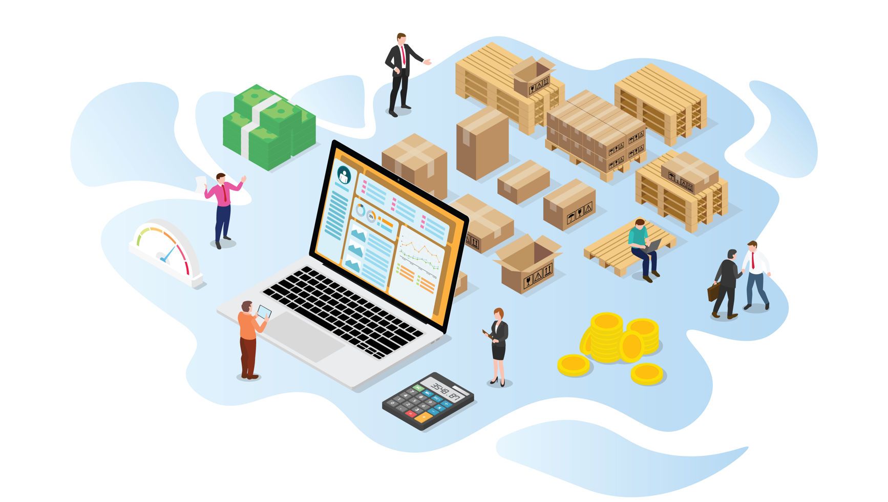 Illustration of warehouse inventory management with laptop dashboard, pallets, packages, and business analytics.