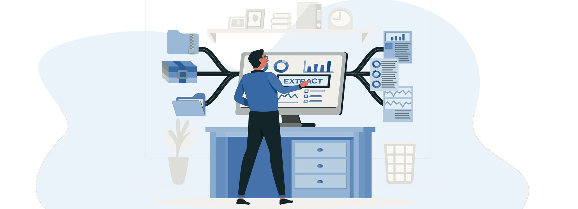 Illustration of data extraction and system integration from multiple sources into a centralized business dashboard.