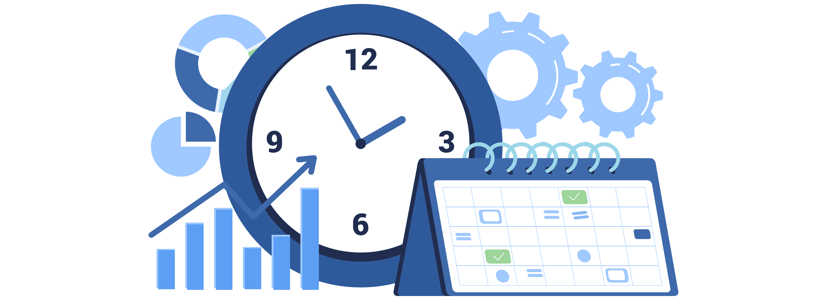 Illustration of time management with clock, calendar, charts, and gears representing efficient fleet planning and scheduling.