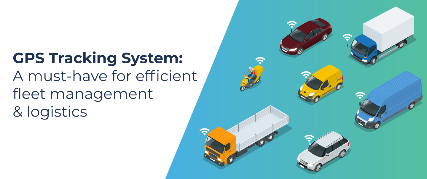 Illustration of GPS-connected fleet vehicles — trucks, vans, cars, and bikes — for fleet management and logistics tracking.