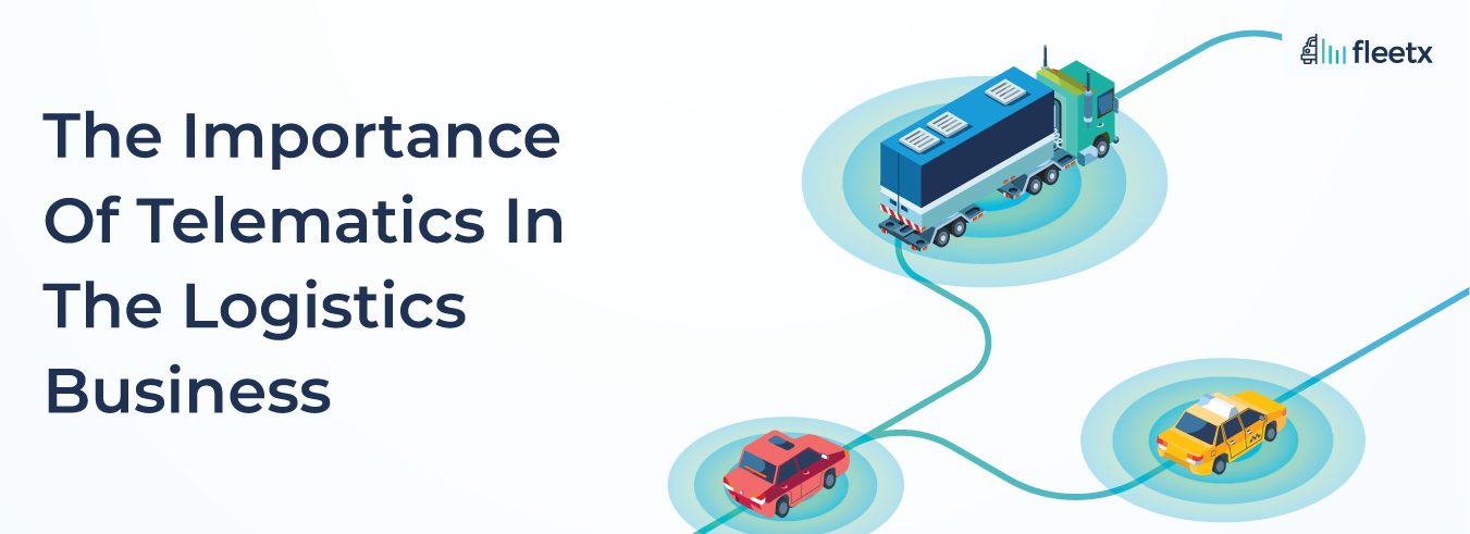 Truck telematics illustration showing connected commercial vehicles for logistics tracking and fleet management.