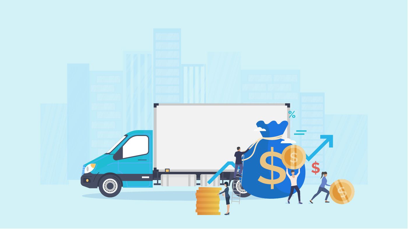 Illustration of a delivery truck with financial growth icons representing cost optimization and profitable logistics operations.