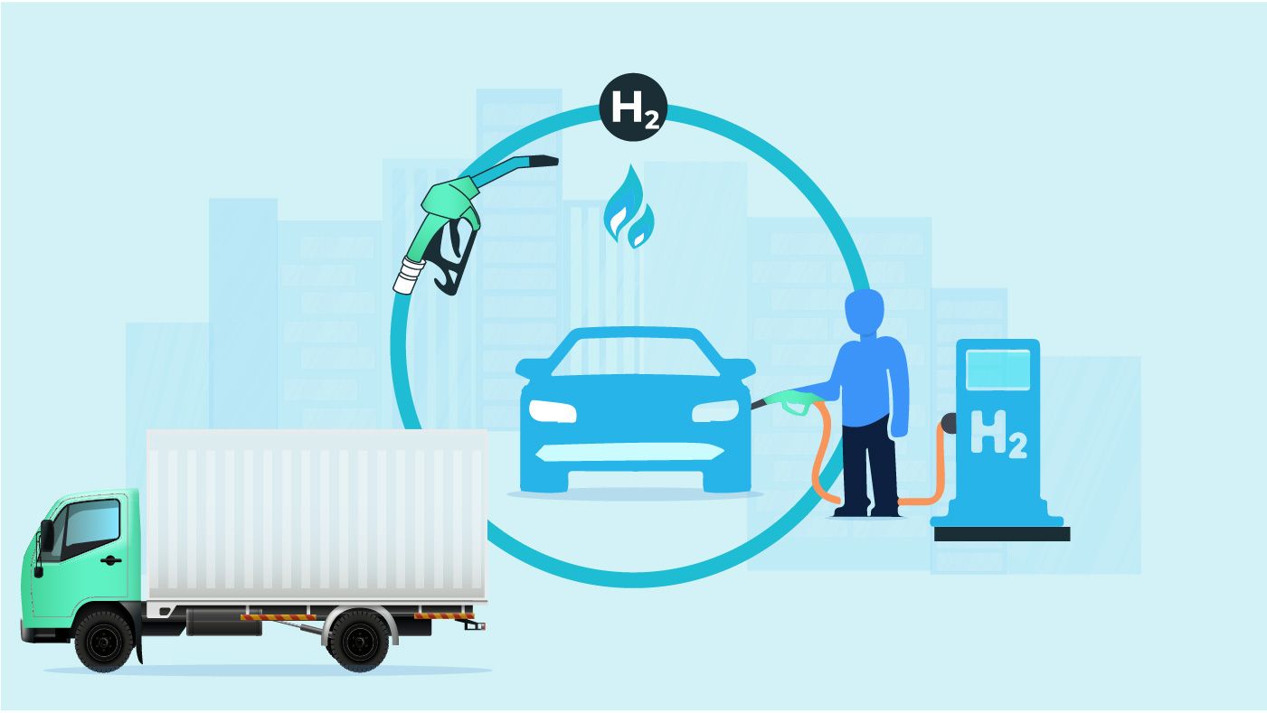 Illustration of a hydrogen fuel station and truck highlighting sustainable hydrogen-powered logistics and green transportation.