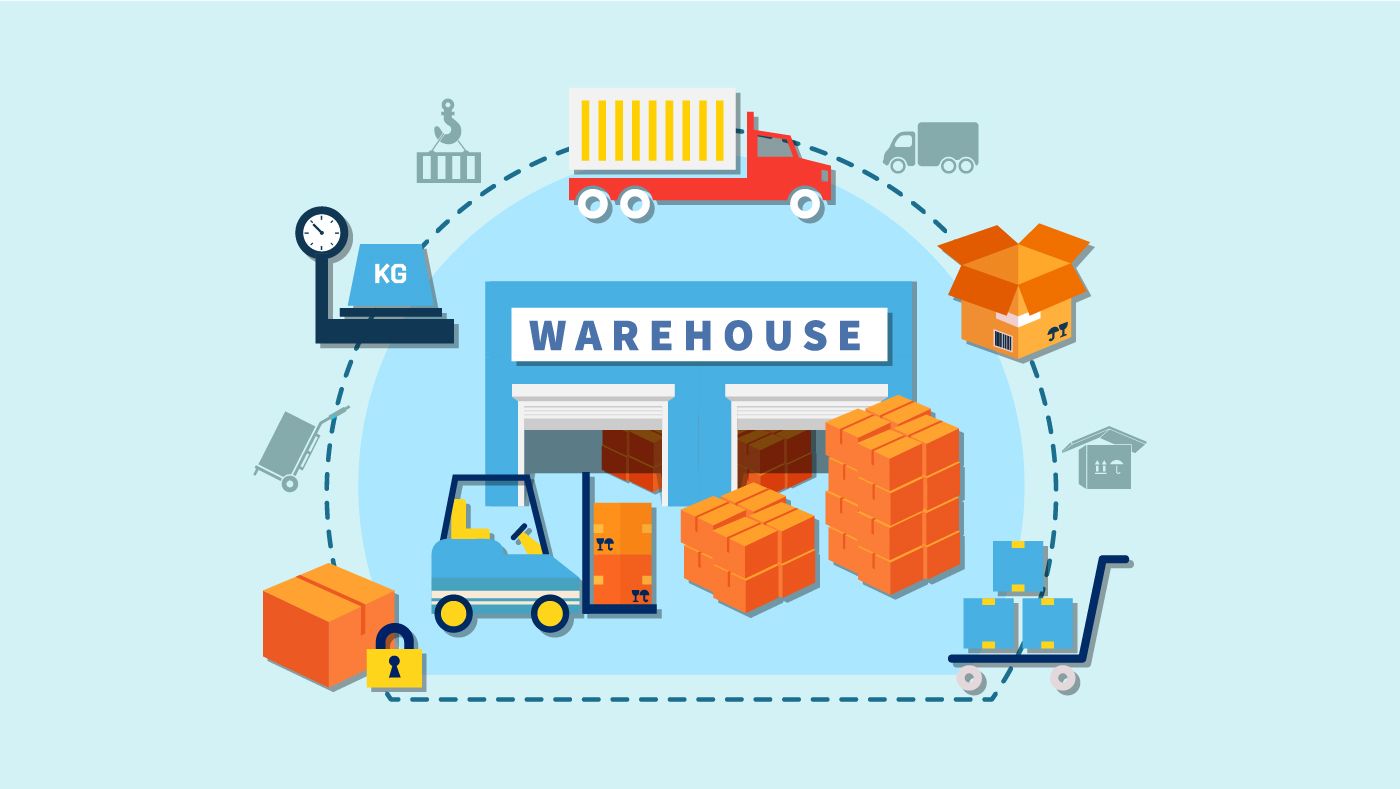Supply chain logistics with forklift, delivery trucks and freight packages — Fleetx