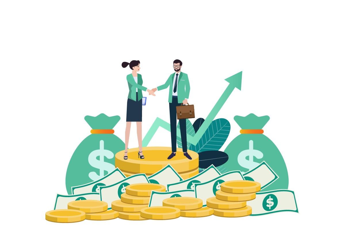 Illustration of business partnership with financial growth, savings, and profitability representing improved logistics ROI.