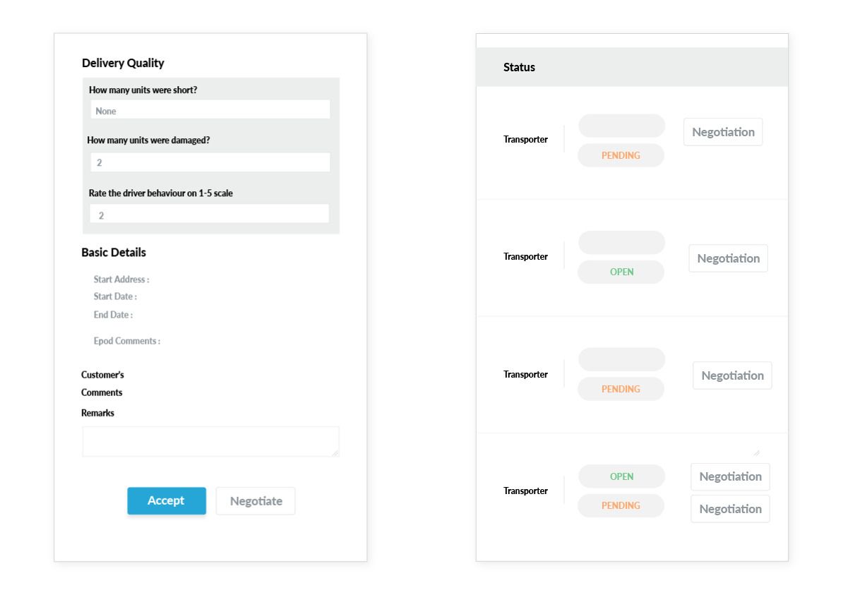 Logistics management interface displaying delivery quality feedback, shipment status, transporter negotiations, and proof of delivery.