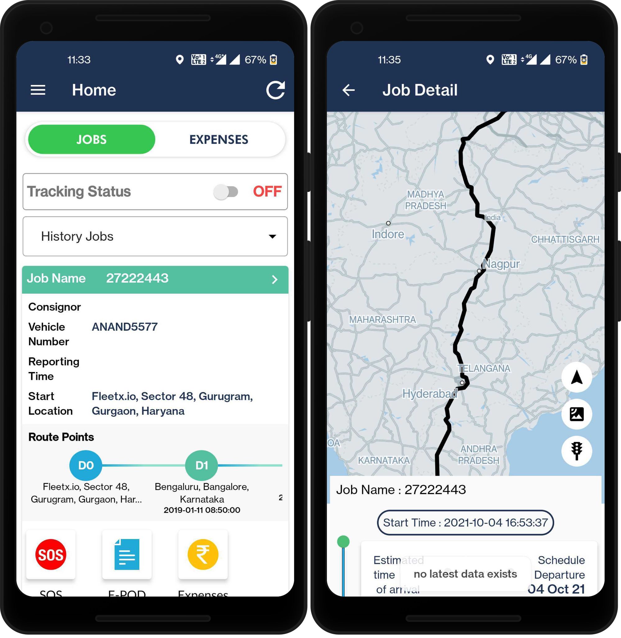 Mobile app displaying job tracking, live route navigation, and shipment status for fleet and logistics management.