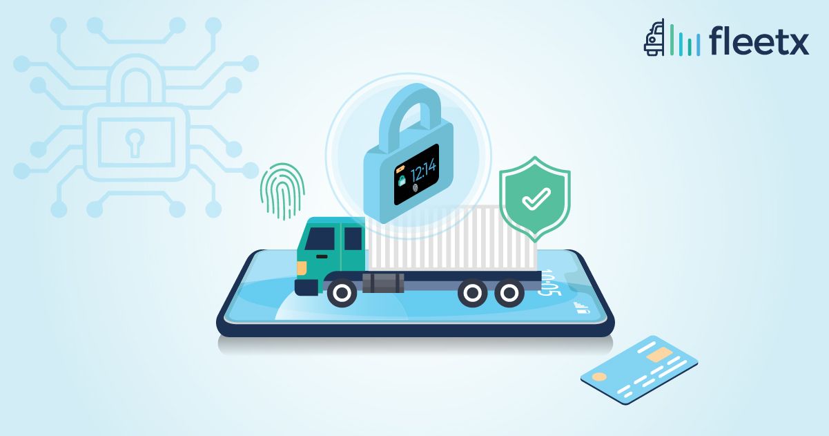 Truck on a smartphone with padlock, shield, and fingerprint icons symbolizing secure fleet management by Fleetx.