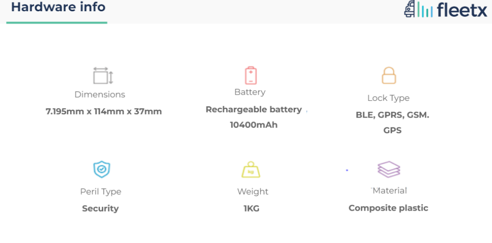 Fleetx hardware info: 7.195x114x37mm, 10400mAh battery, BLE/GPRS/GSM/GPS lock, 1KG, composite plastic, security peril type.