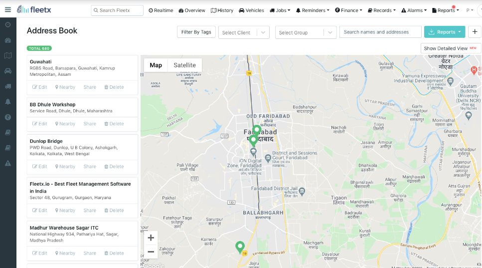 Fleetx Address Book feature showing saved locations list alongside an interactive map view for fleet route management.