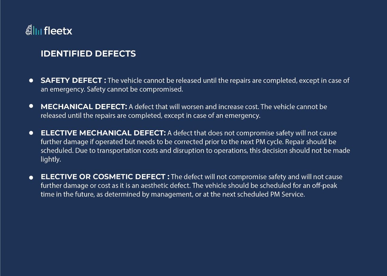 Fleet maintenance defect classification chart showing safety, mechanical, elective, and cosmetic vehicle defects.