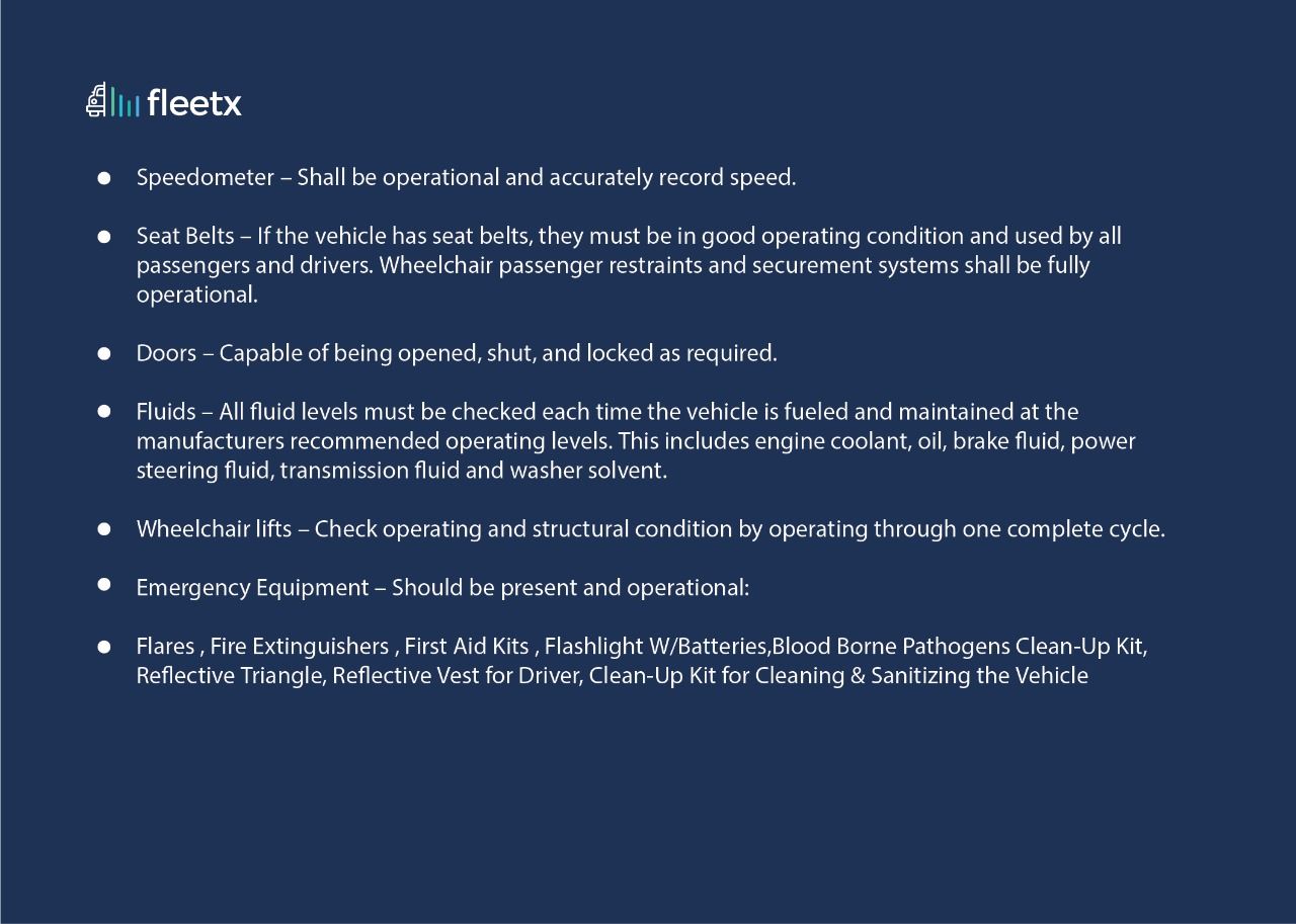 Pre-trip inspection checklist covering speedometer, seat belts, fluids, doors, emergency equipment, and vehicle safety checks.