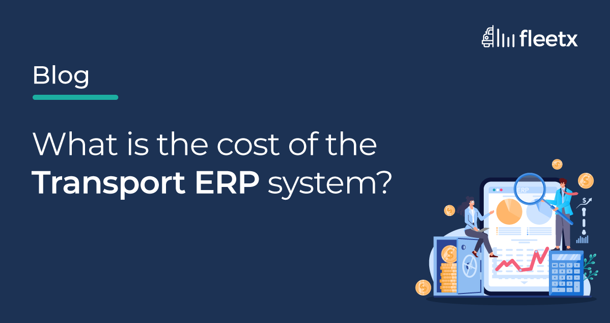 Blog banner illustrating transport ERP system costs with analytics dashboard, charts, and logistics graphics