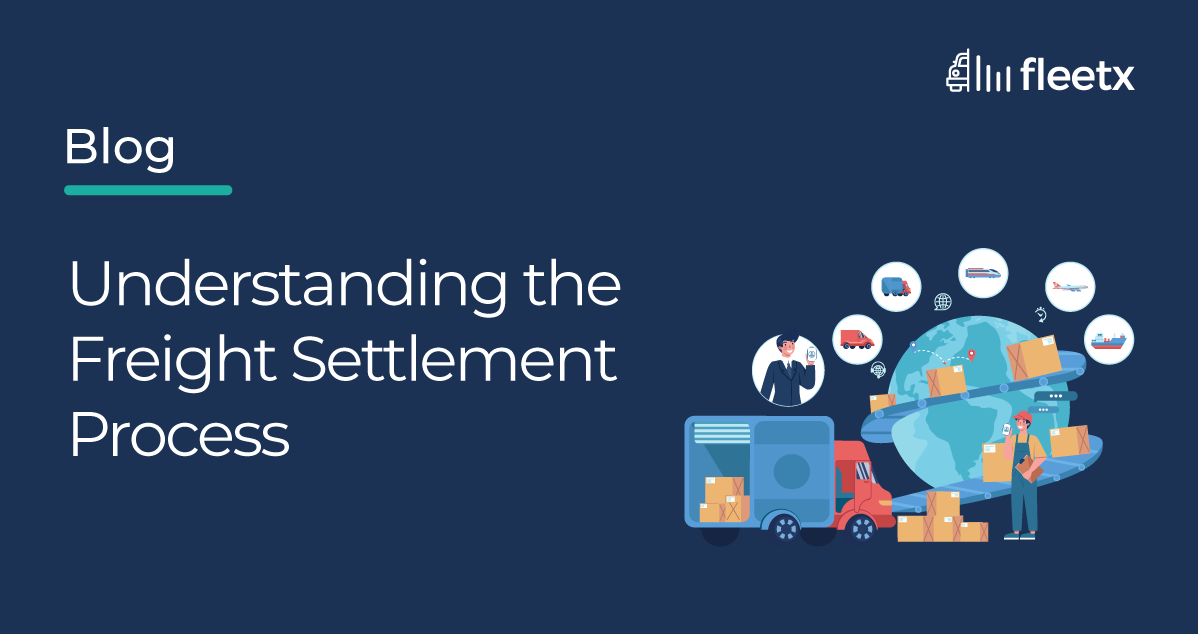 Illustration of freight settlement process with delivery trucks, global logistics network, and cargo movement for transport management.