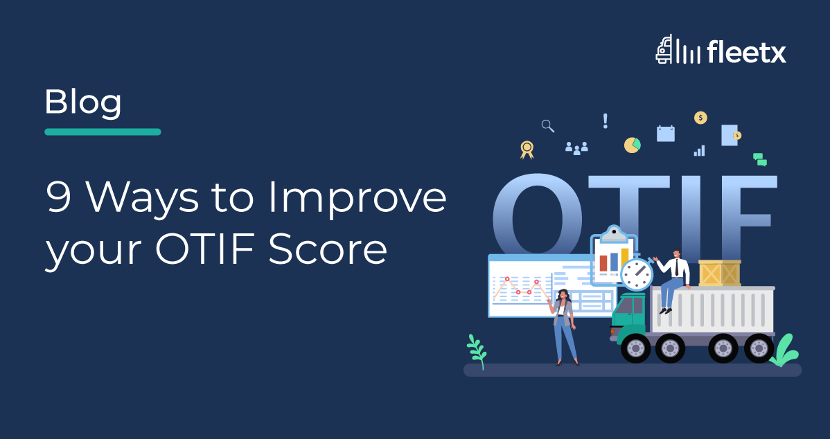 Illustration of OTIF logistics dashboard with truck, analytics, and title '9 Ways to Improve Your OTIF Score