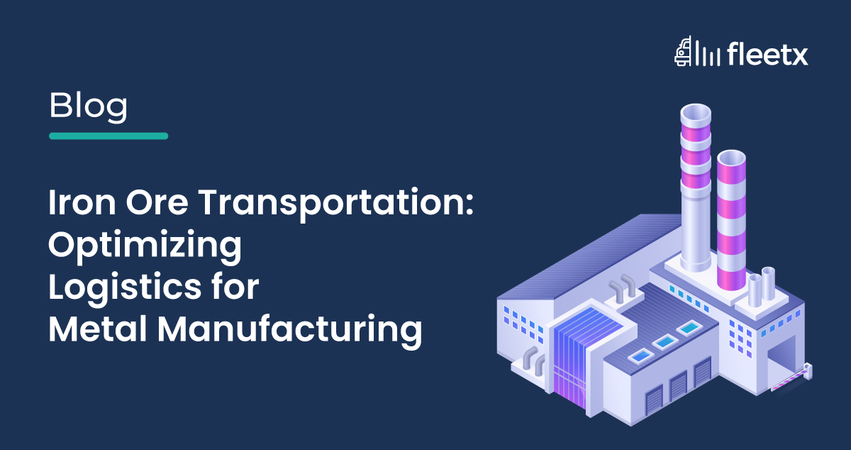 Illustration of a metal manufacturing plant with smokestacks representing iron ore logistics.