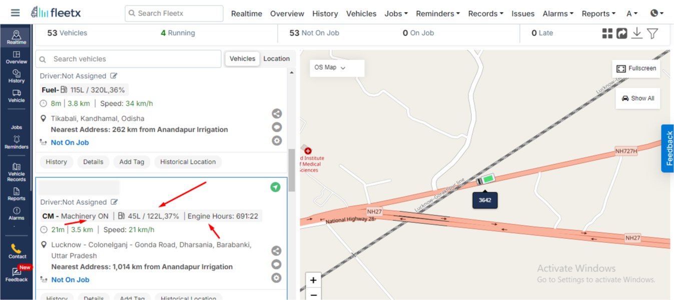 Heavy machinery fuel monitoring dashboard with GPS tracking, engine hours, fuel level and utilization analytics
