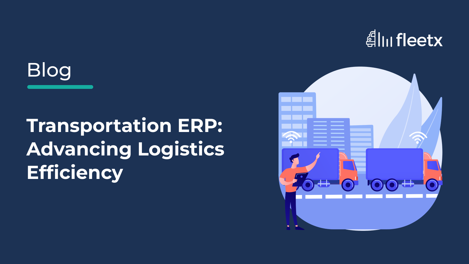 Transportation ERP illustration showing fleet management, connected trucks, and logistics efficiency solutions.
