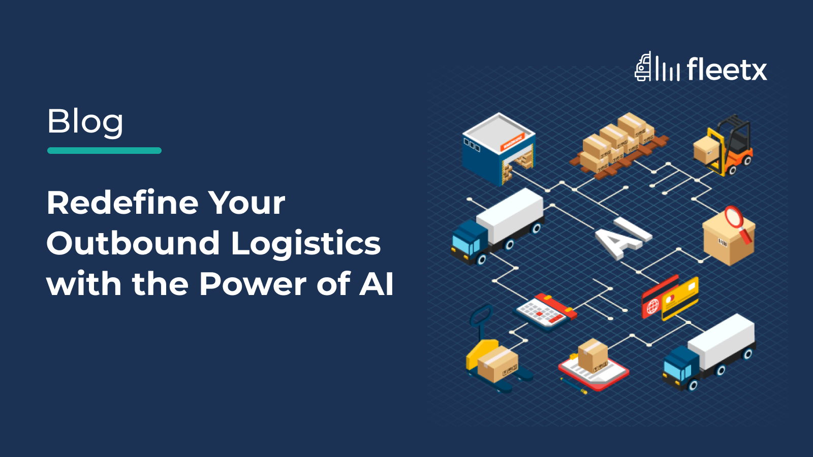 Illustration of AI-powered outbound logistics with connected warehouses, trucks, inventory, and automated supply chain operations.