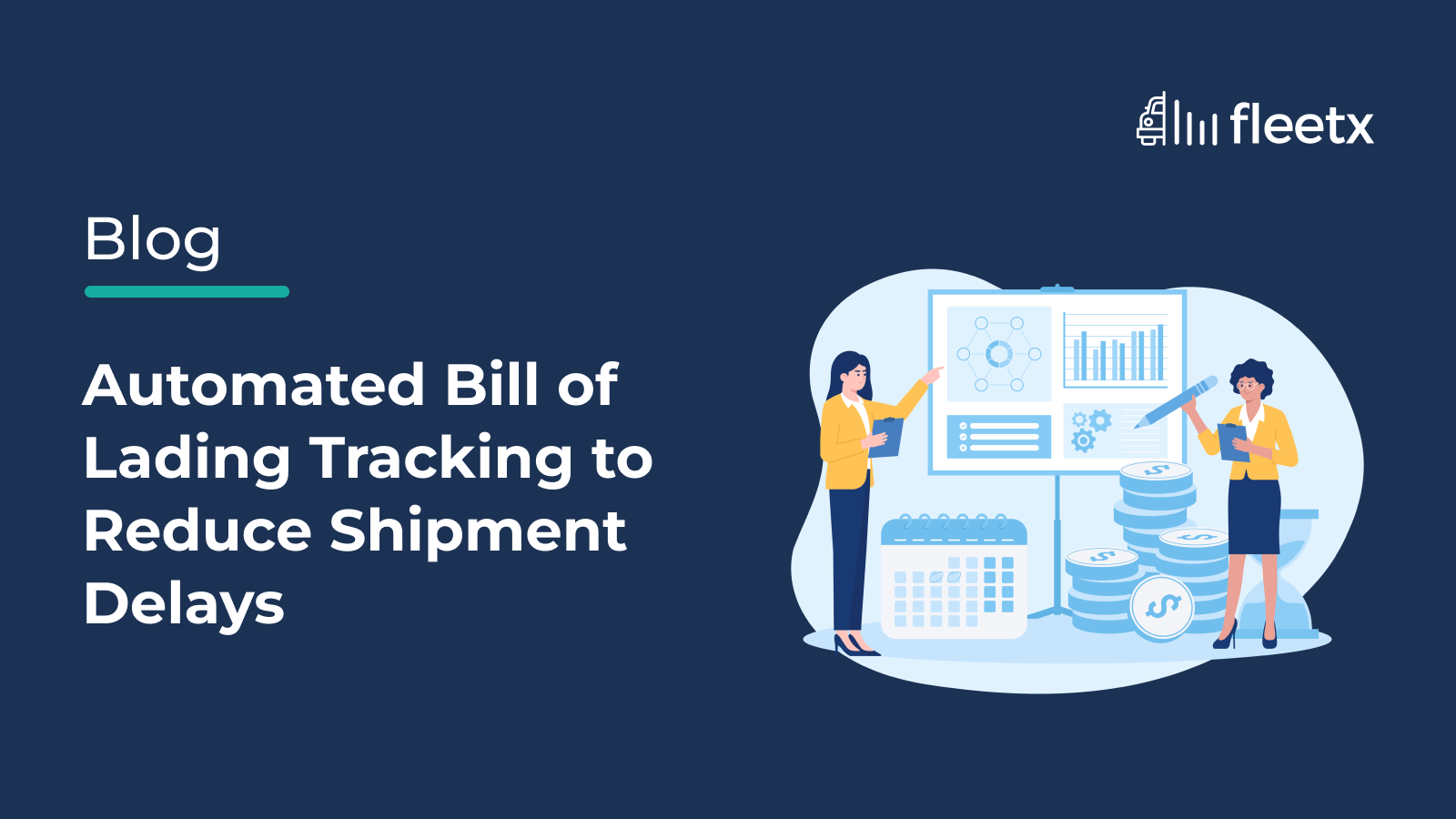 Illustration of two logistics professionals reviewing shipment documents, analytics dashboard, and payment records.
