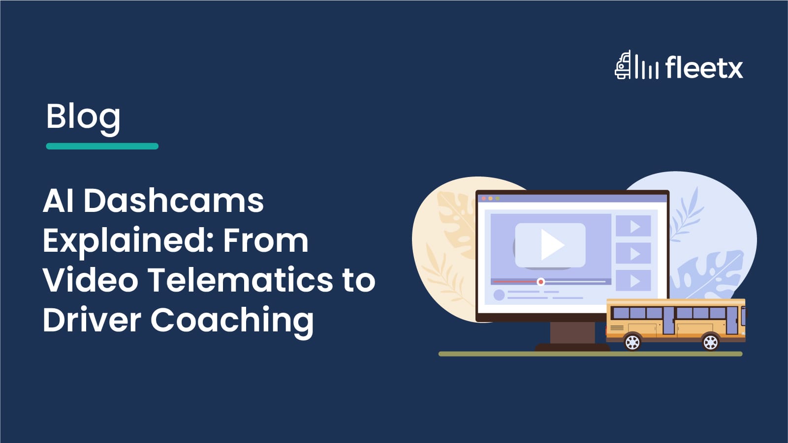 Illustration of AI dashcams, video telematics, and driver coaching to improve fleet safety, monitoring, and driver performance.