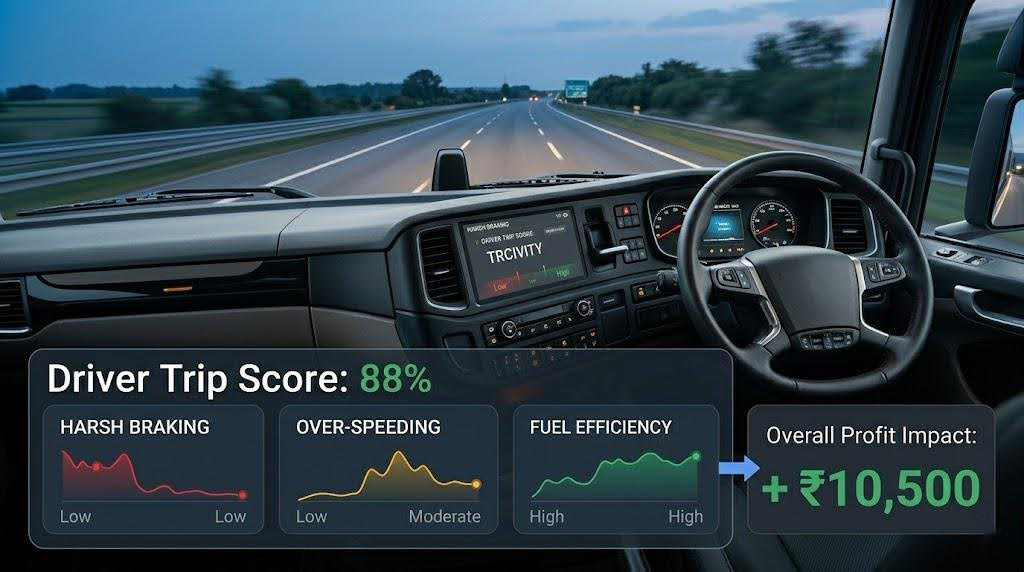 AI-powered driver trip score dashboard in truck cabin showing safety score, fuel efficiency, and fleet profit impact.