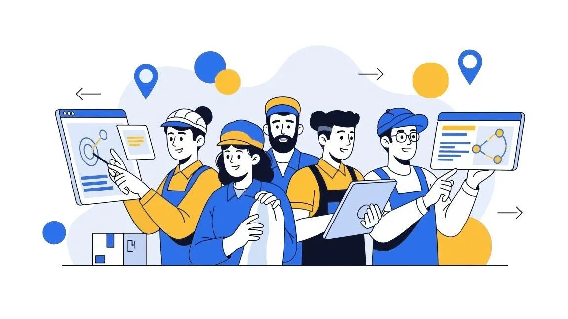 Team of fleet professionals using digital dashboards and analytics to improve logistics planning, collaboration, and operations.