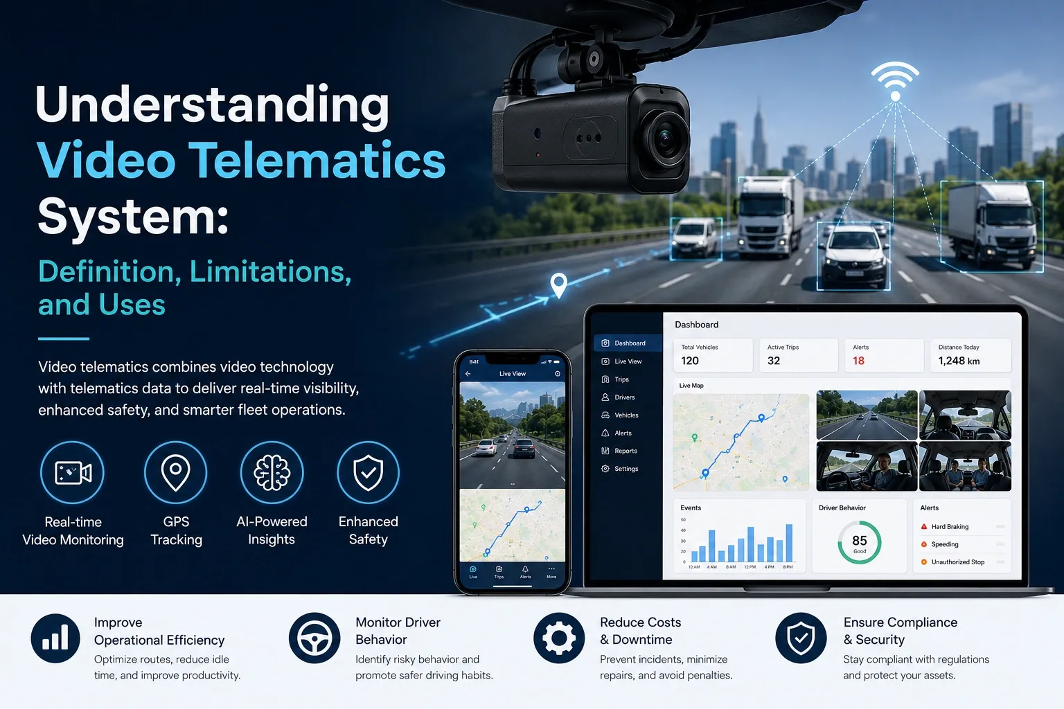 Video telematics system dashboard with AI video monitoring, GPS tracking, driver safety, and fleet analytics.