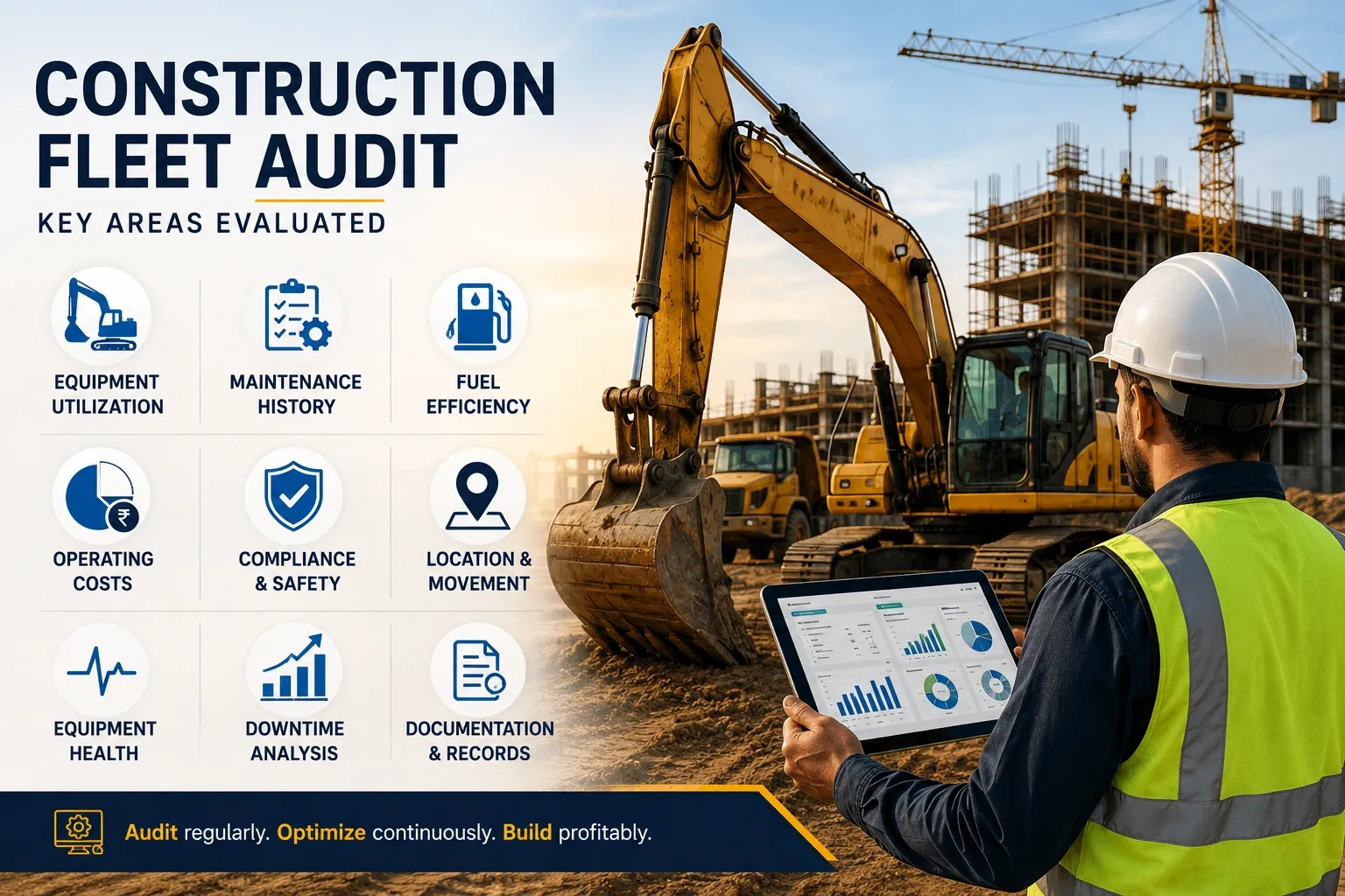 Construction fleet audit checklist showing equipment utilization, maintenance, fuel efficiency, safety, and cost optimization.