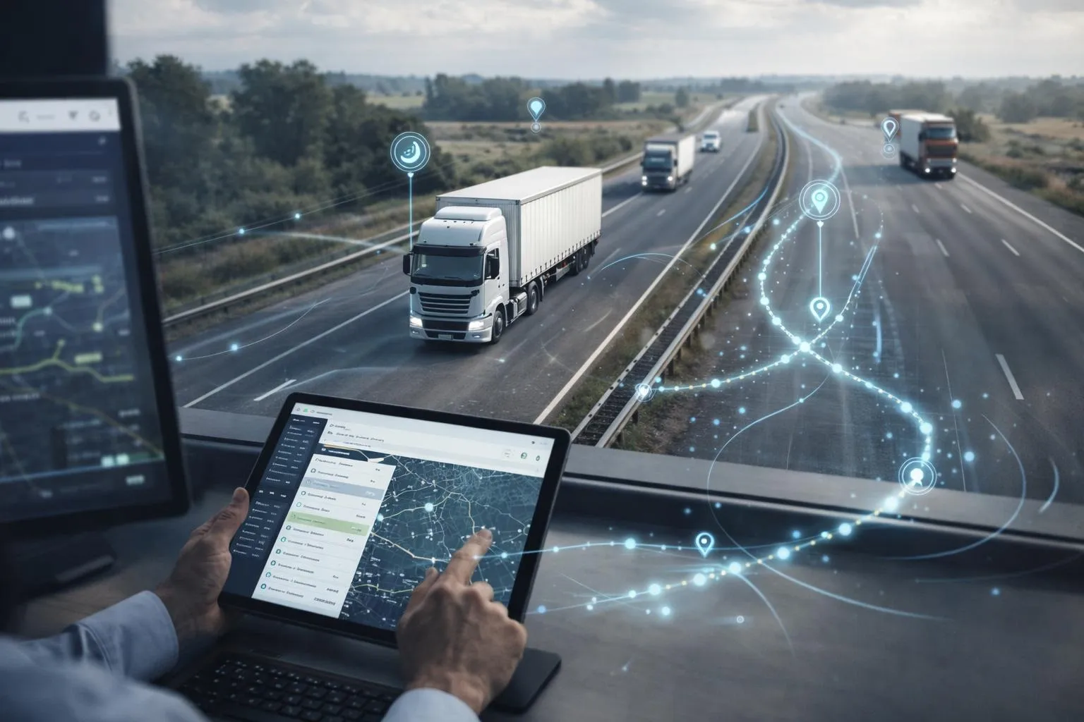 Real-time GPS fleet tracking dashboard monitoring truck locations, routes, and logistics operations for improved visibility.