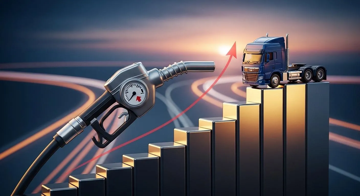 Illustration of rising fuel costs impacting trucking operations and the need for fuel-efficient fleet management strategies.
