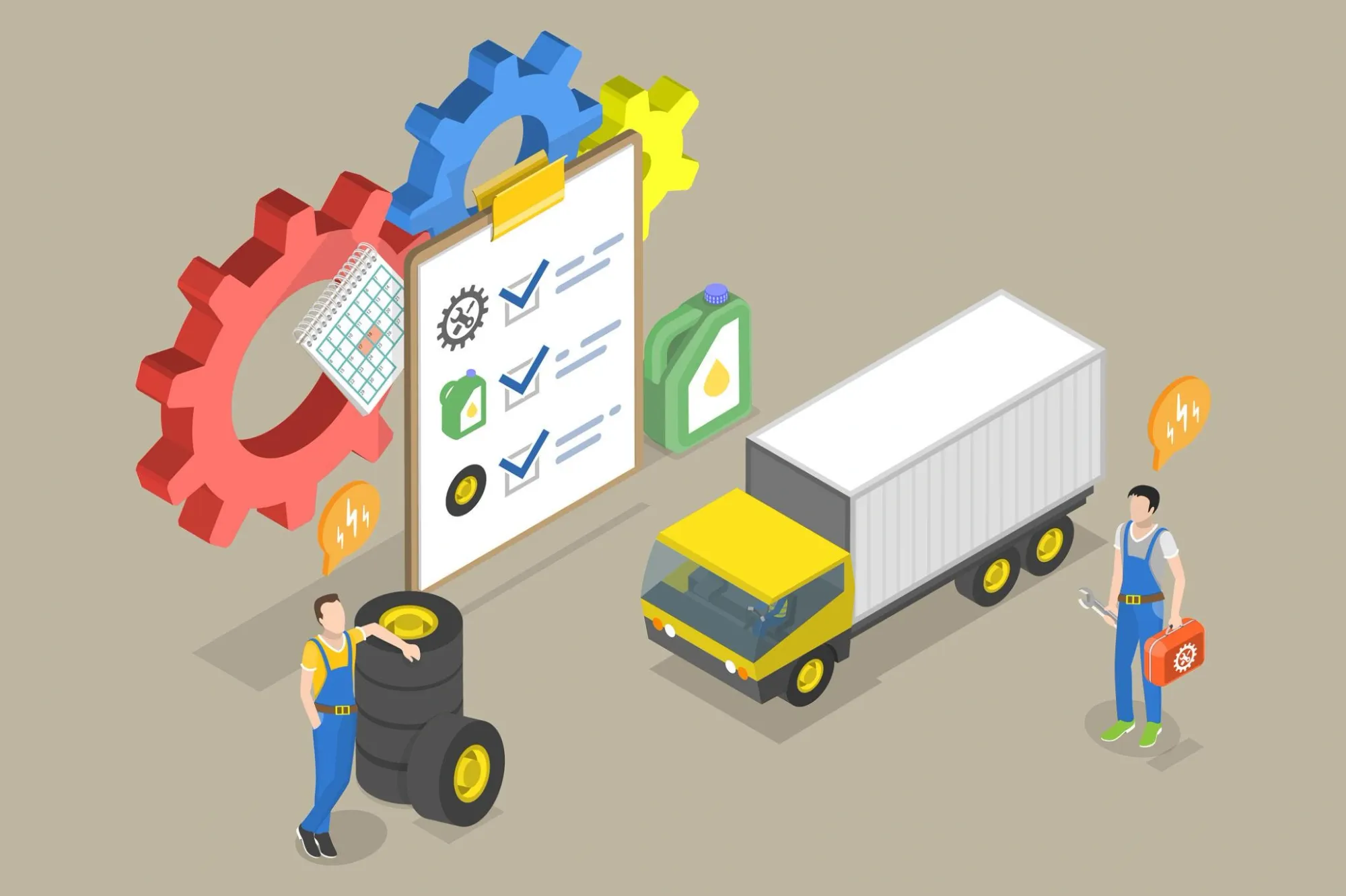 Illustration of preventive fleet maintenance improving vehicle longevity, reducing downtime, and lowering operating costs.