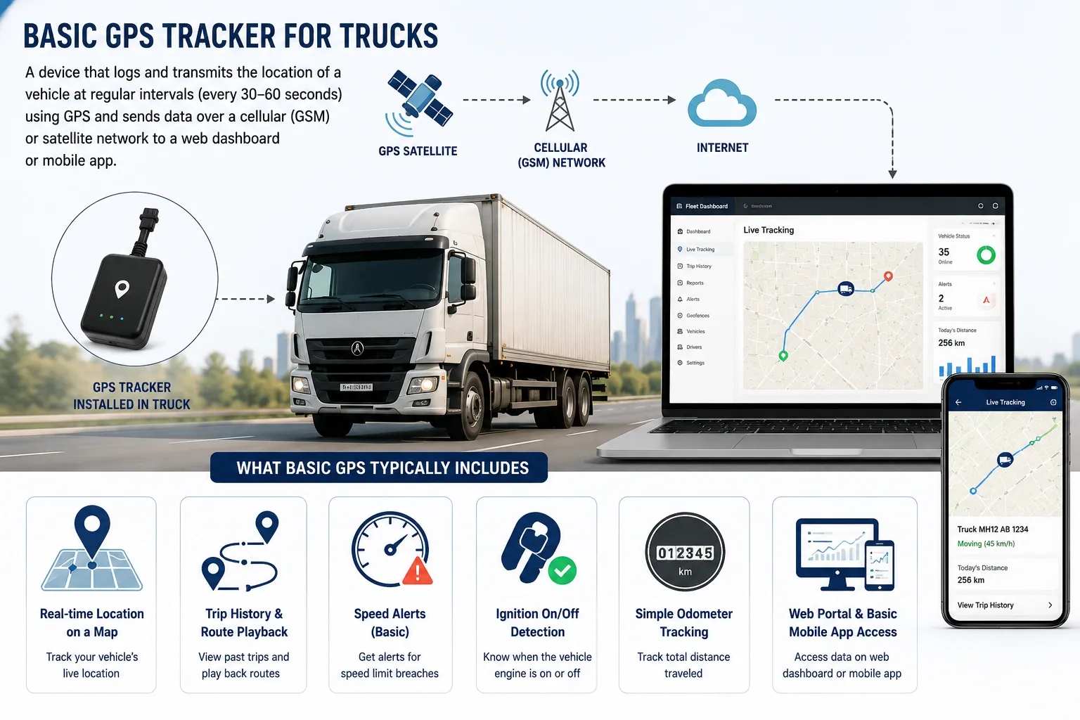Fleet truck with GPS device installed showing real-time location on a map — basic GPS tracking example