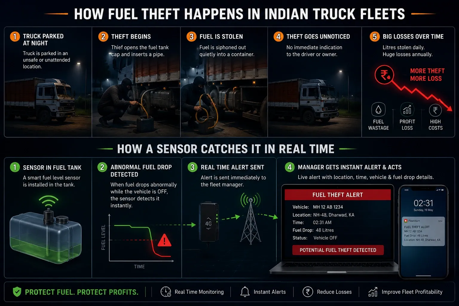 Driver siphoning diesel from a parked truck tank on a dark highway stretch — a common fuel theft method in Indian long-haul fleets
