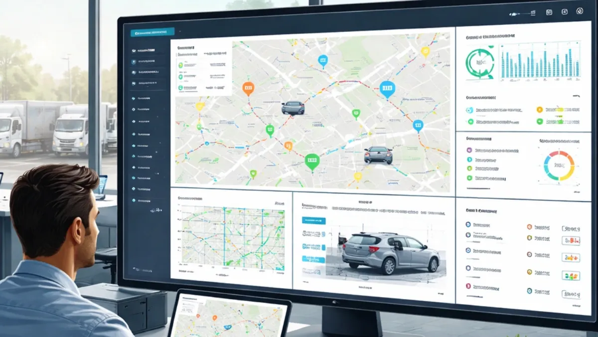 Fleet management dashboard displaying live GPS tracking, vehicle monitoring, route analytics, and performance insights.