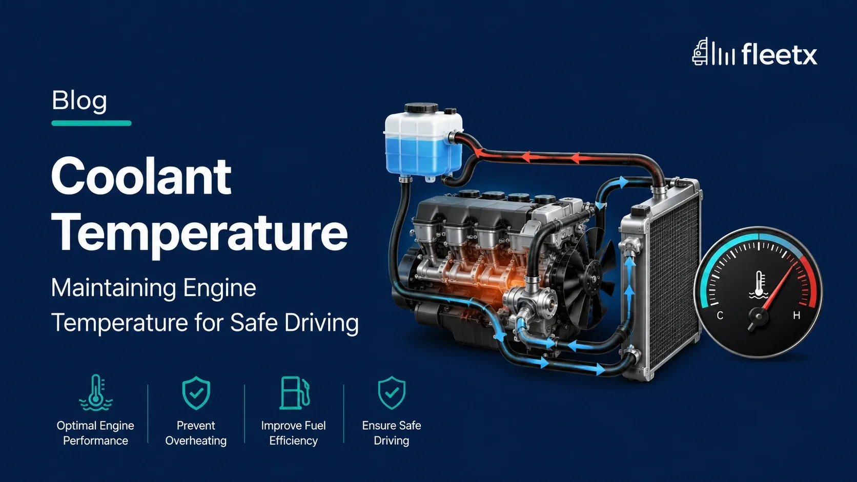 Illustration of an engine cooling system showing coolant flow, radiator, and temperature gauge for fleet maintenance.