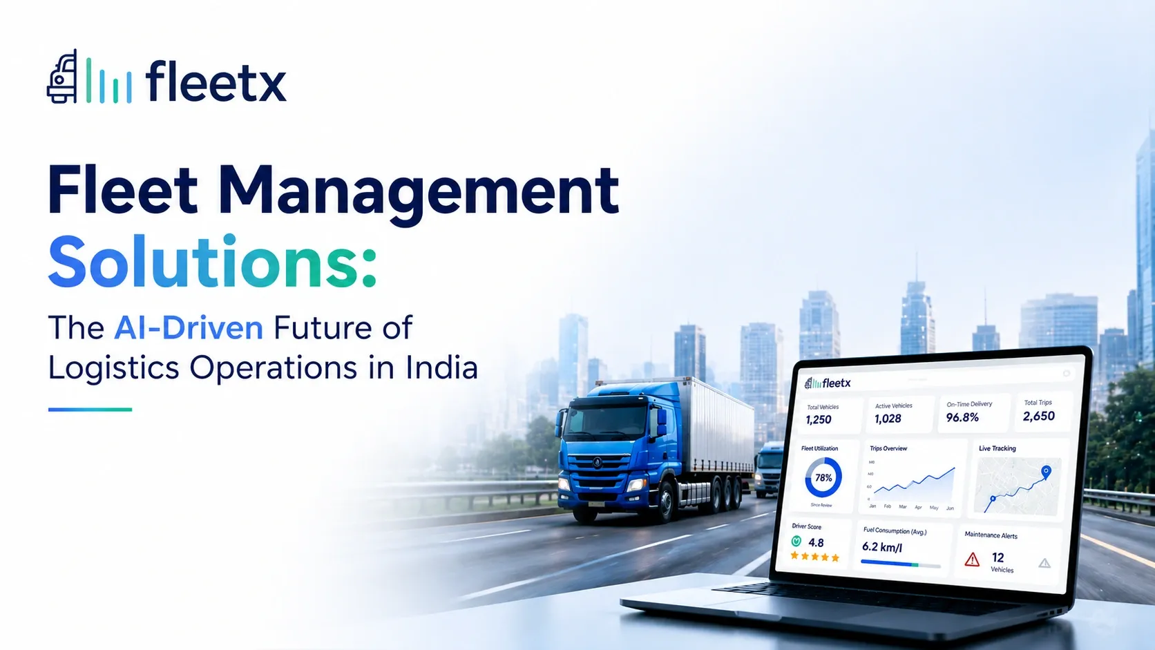 Fleet management solution with AI-powered dashboard, commercial truck, and real-time logistics operations monitoring.