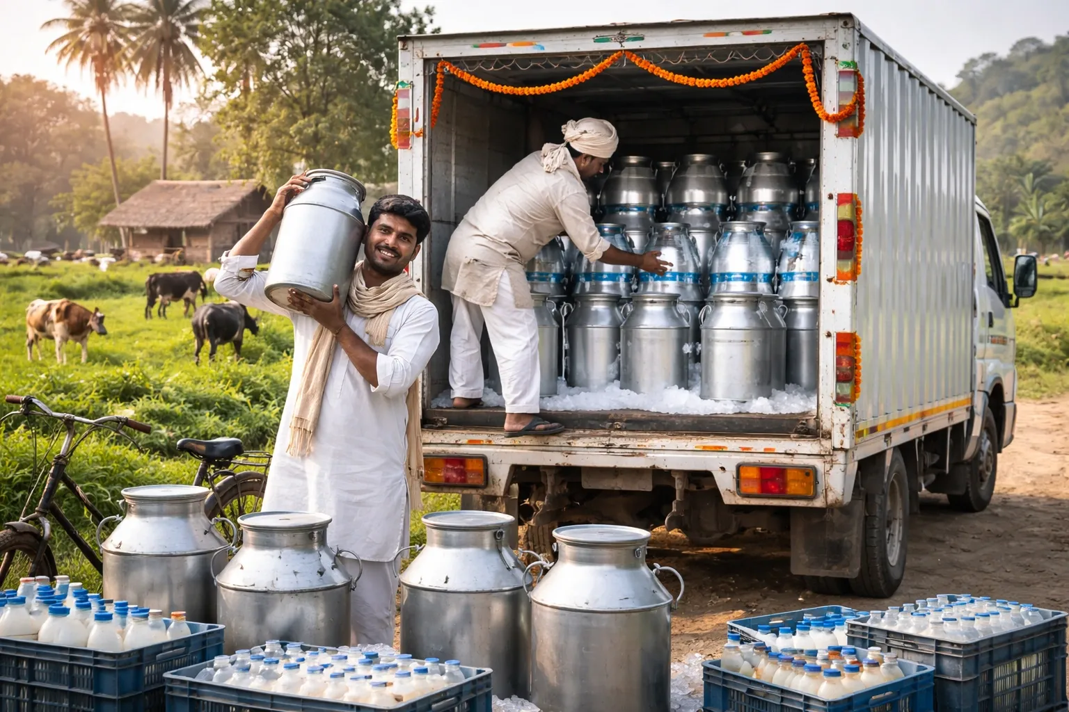 Refrigerated milk tanker truck on an Indian highway, part of dairy cold chain logistics from farm to retail shelf